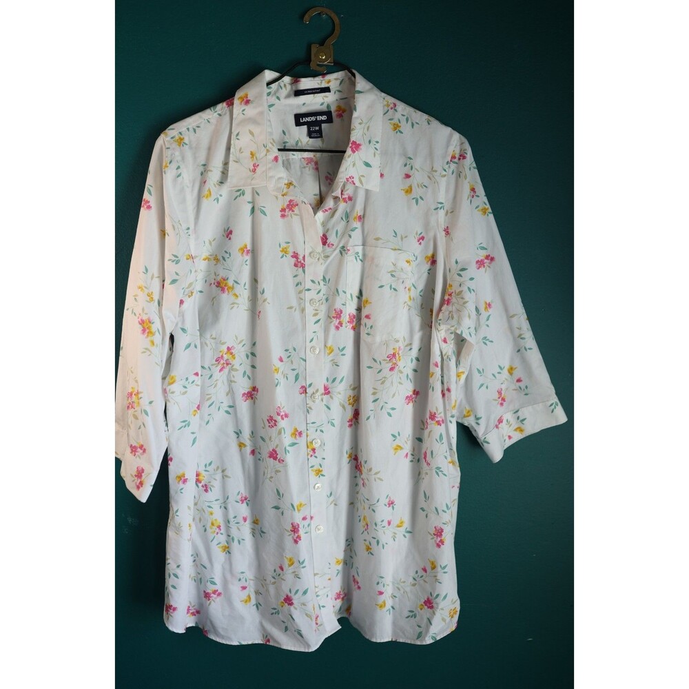 Lands End Womens No Iron Supima Button Down Ditsy Floral Top  3/4 Sleeve 22W